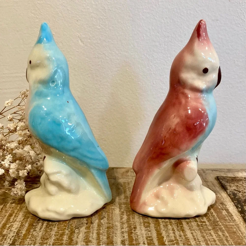 Pair Vintage Parakeet Ceramic Figurines 6” Tall Pinks and Blue